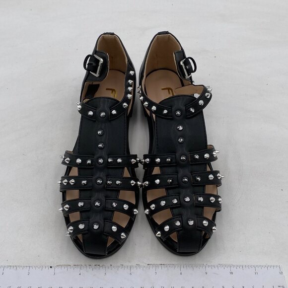 FSJ Black Studde Closed Toe Sandals Low Block Heel Woven Roman Ankle Strap Shoes - Picture 3 of 8